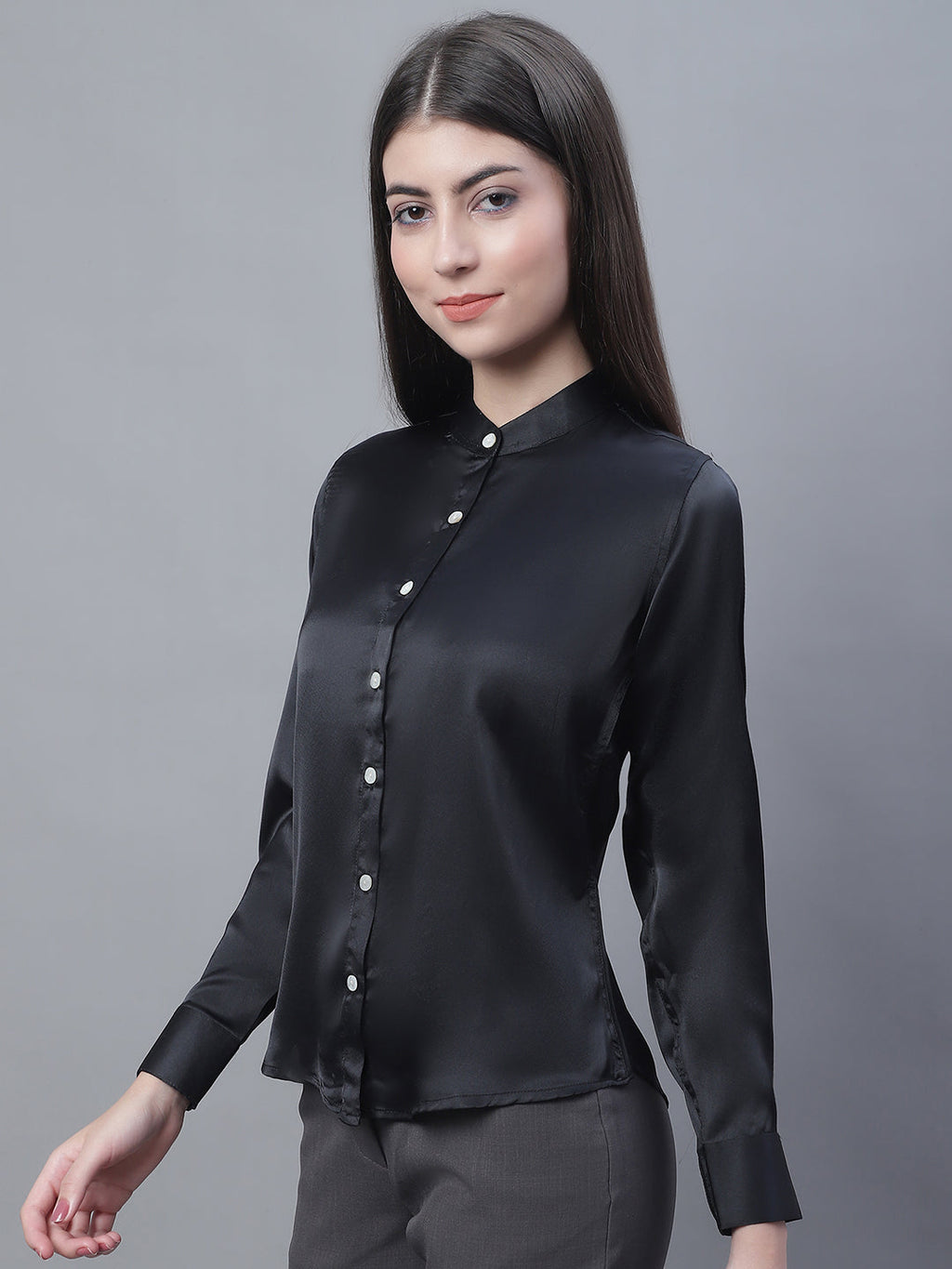 Jainish Women's Black Solid Shirt Style Top