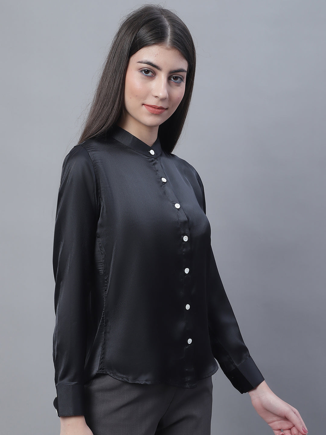 Jainish Women's Black Solid Shirt Style Top