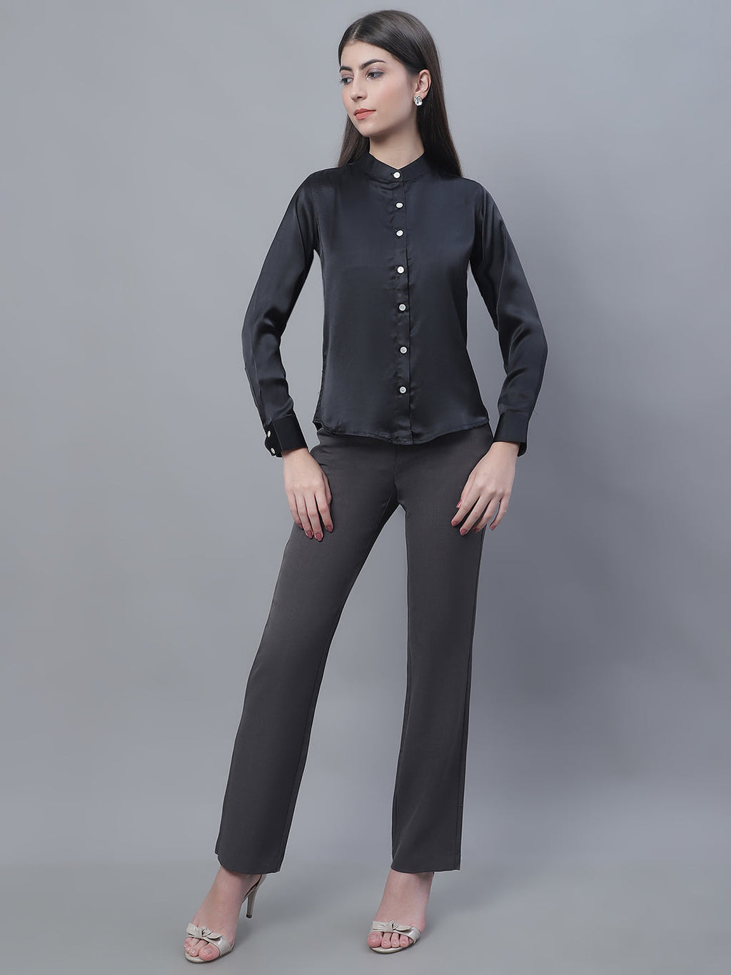 Jainish Women's Black Solid Shirt Style Top