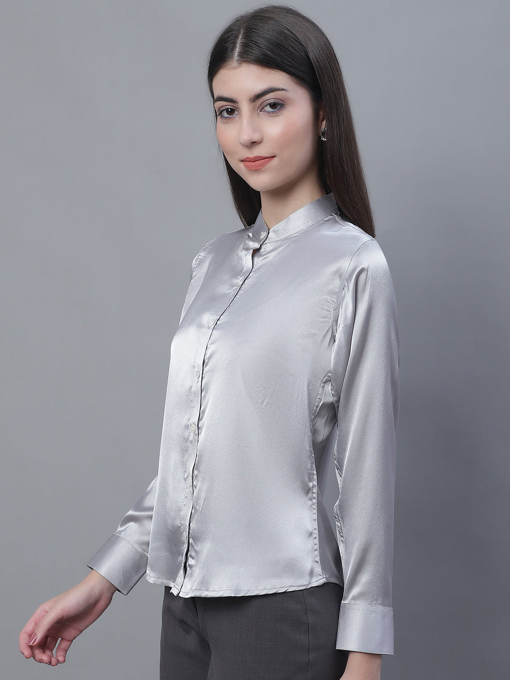Jainish Women's Grey Solid Shirt Style Top