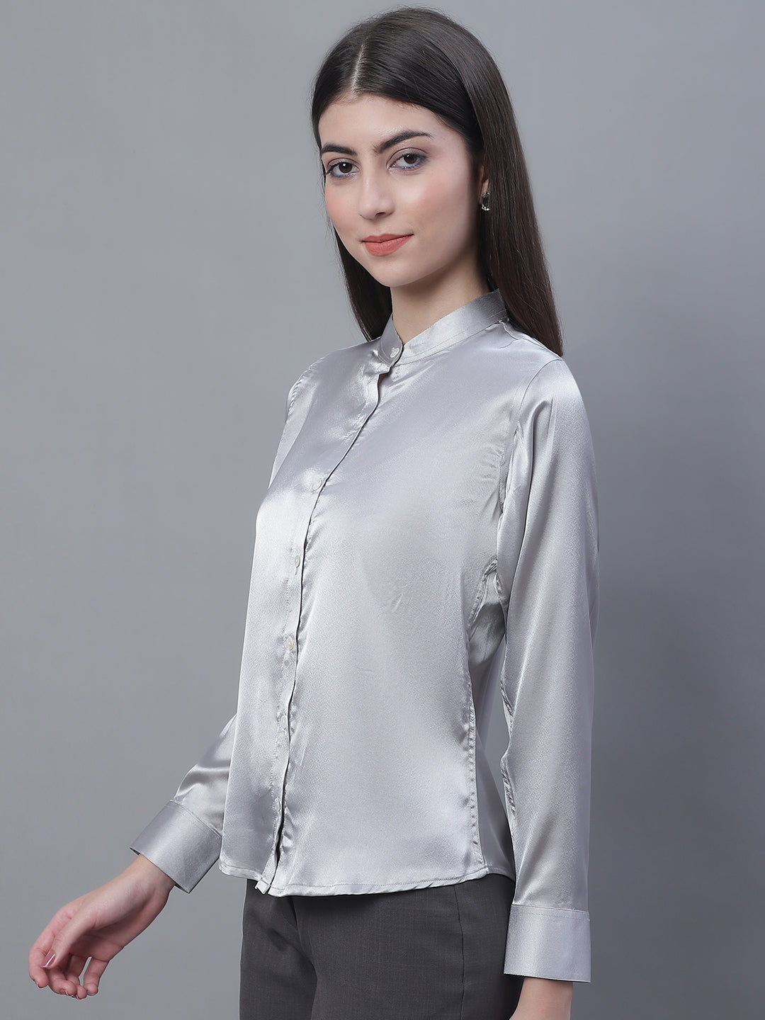 Jainish Women's Grey Solid Shirt Style Top