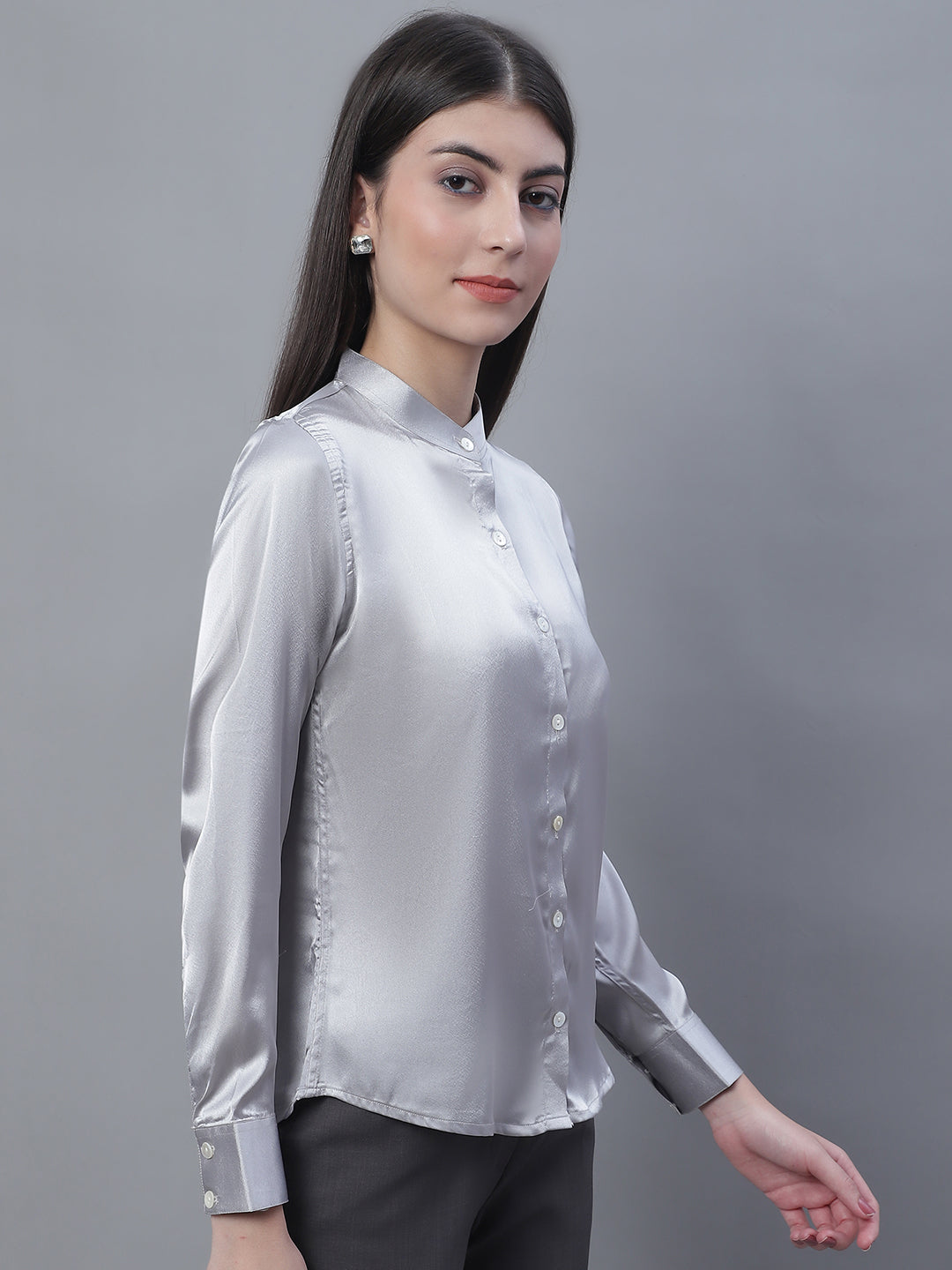 Jainish Women's Grey Solid Shirt Style Top