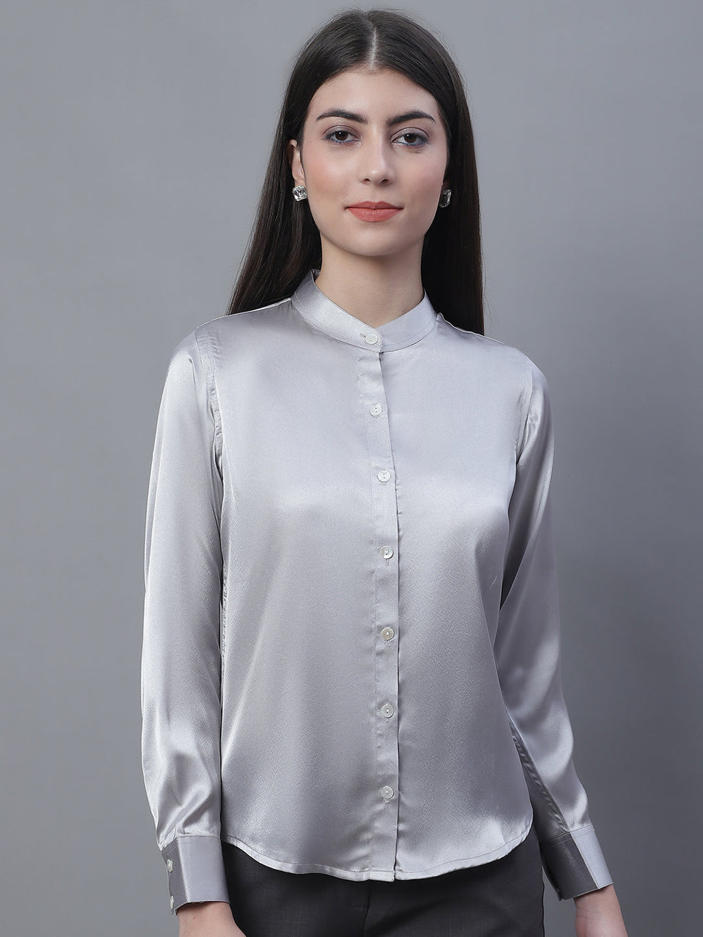 Jainish Women's Grey Solid Shirt Style Top