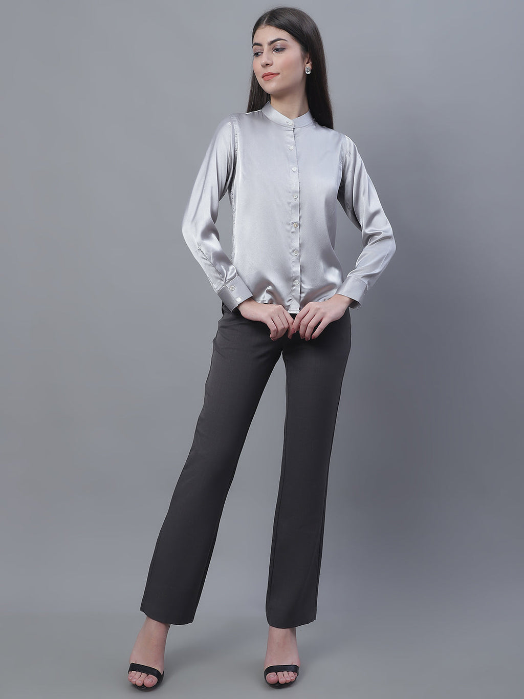 Jainish Women's Grey Solid Shirt Style Top