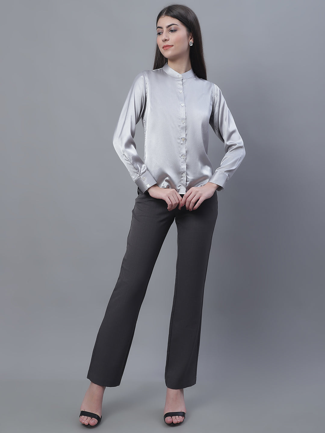 Jainish Women's Grey Solid Shirt Style Top