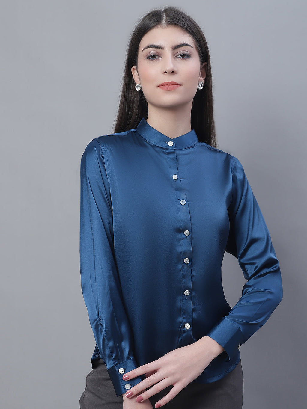 Jainish Women's Blue Solid Shirt Style Top