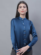 Jainish Women's Blue Solid Shirt Style Top
