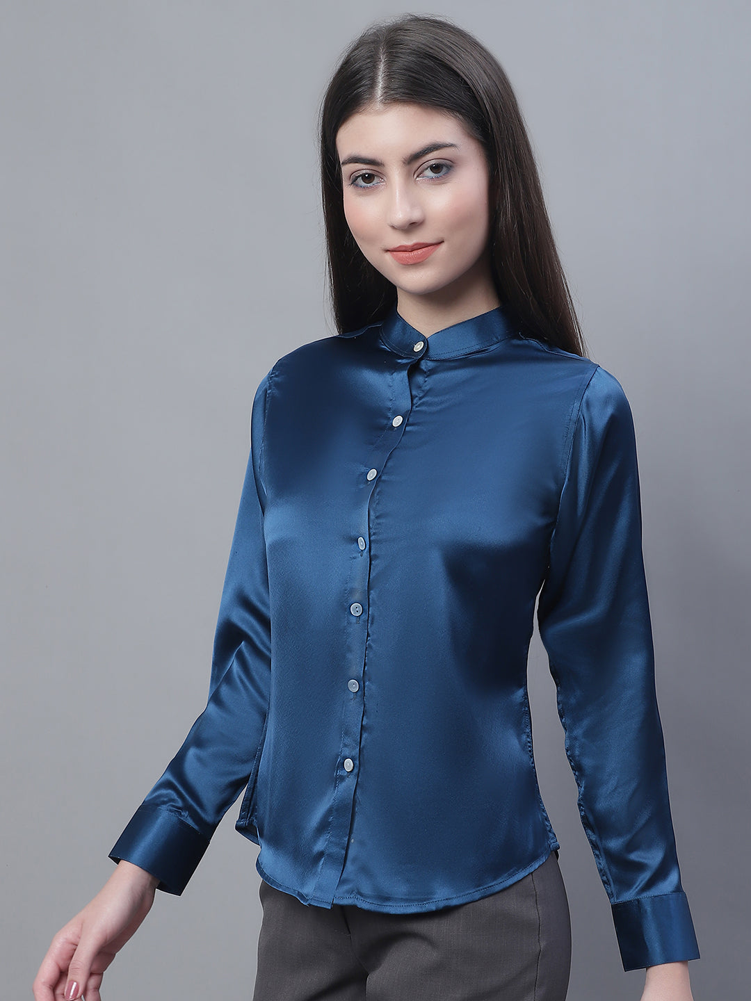 Jainish Women's Blue Solid Shirt Style Top