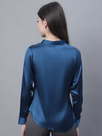 Jainish Women's Blue Solid Shirt Style Top