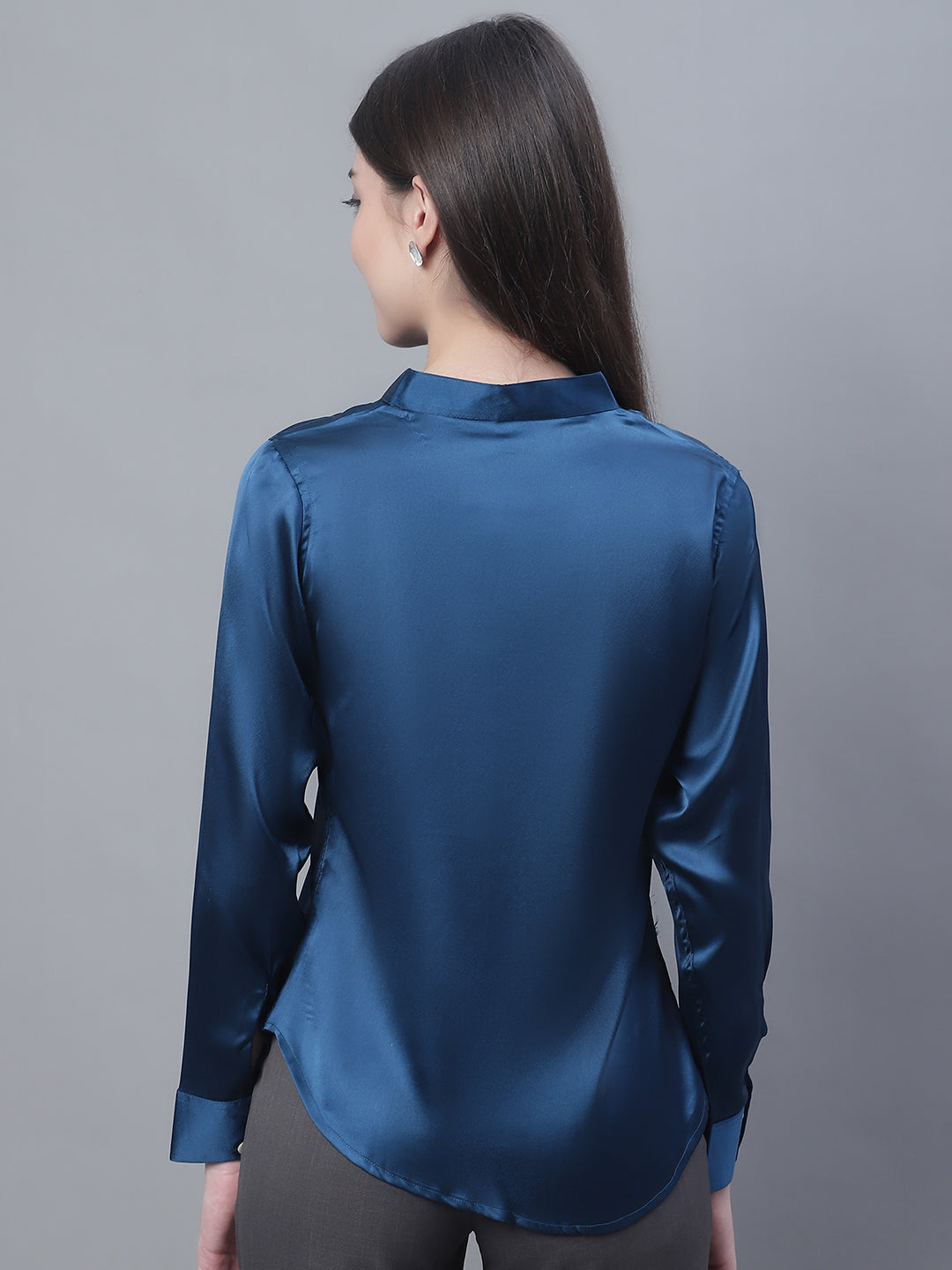 Jainish Women's Blue Solid Shirt Style Top