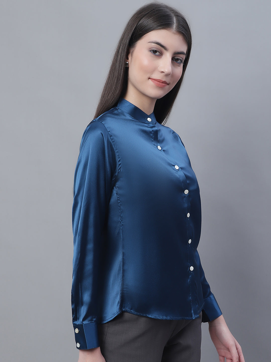 Jainish Women's Blue Solid Shirt Style Top