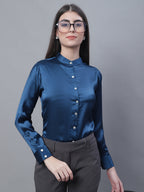 Jainish Women's Blue Solid Shirt Style Top