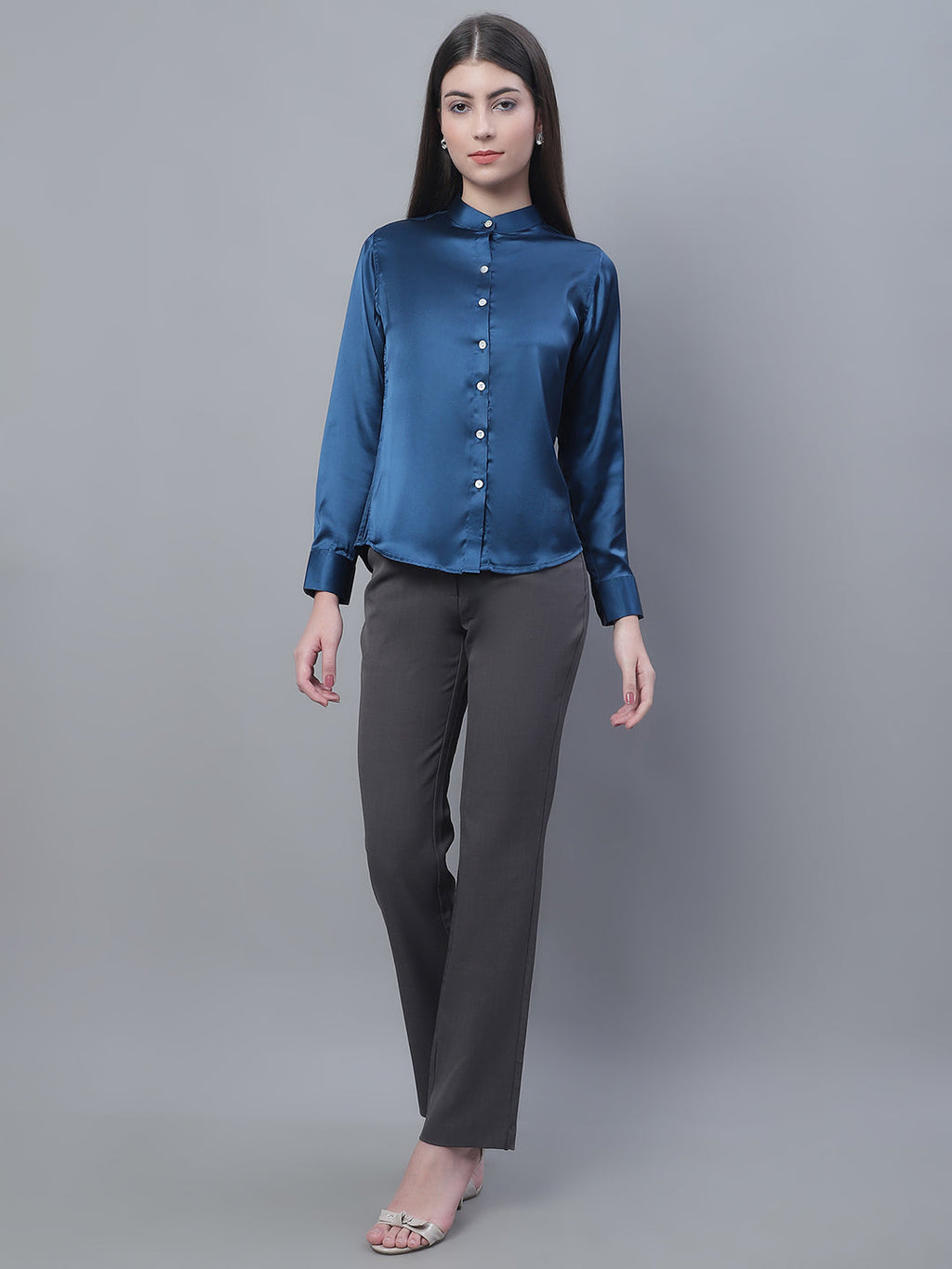 Jainish Women's Blue Solid Shirt Style Top