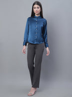 Jainish Women's Blue Solid Shirt Style Top