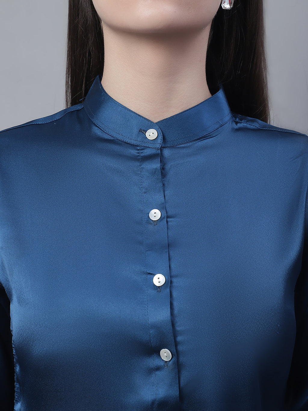 Jainish Women's Blue Solid Shirt Style Top