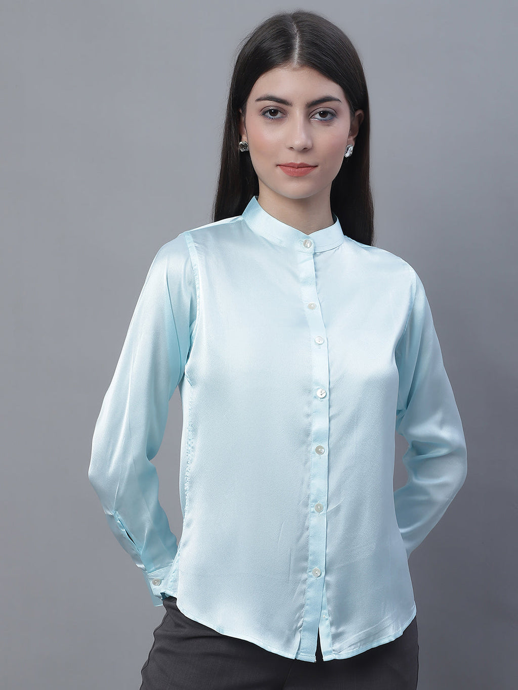 Jainish Women's Sky Blue Solid Shirt Style Top