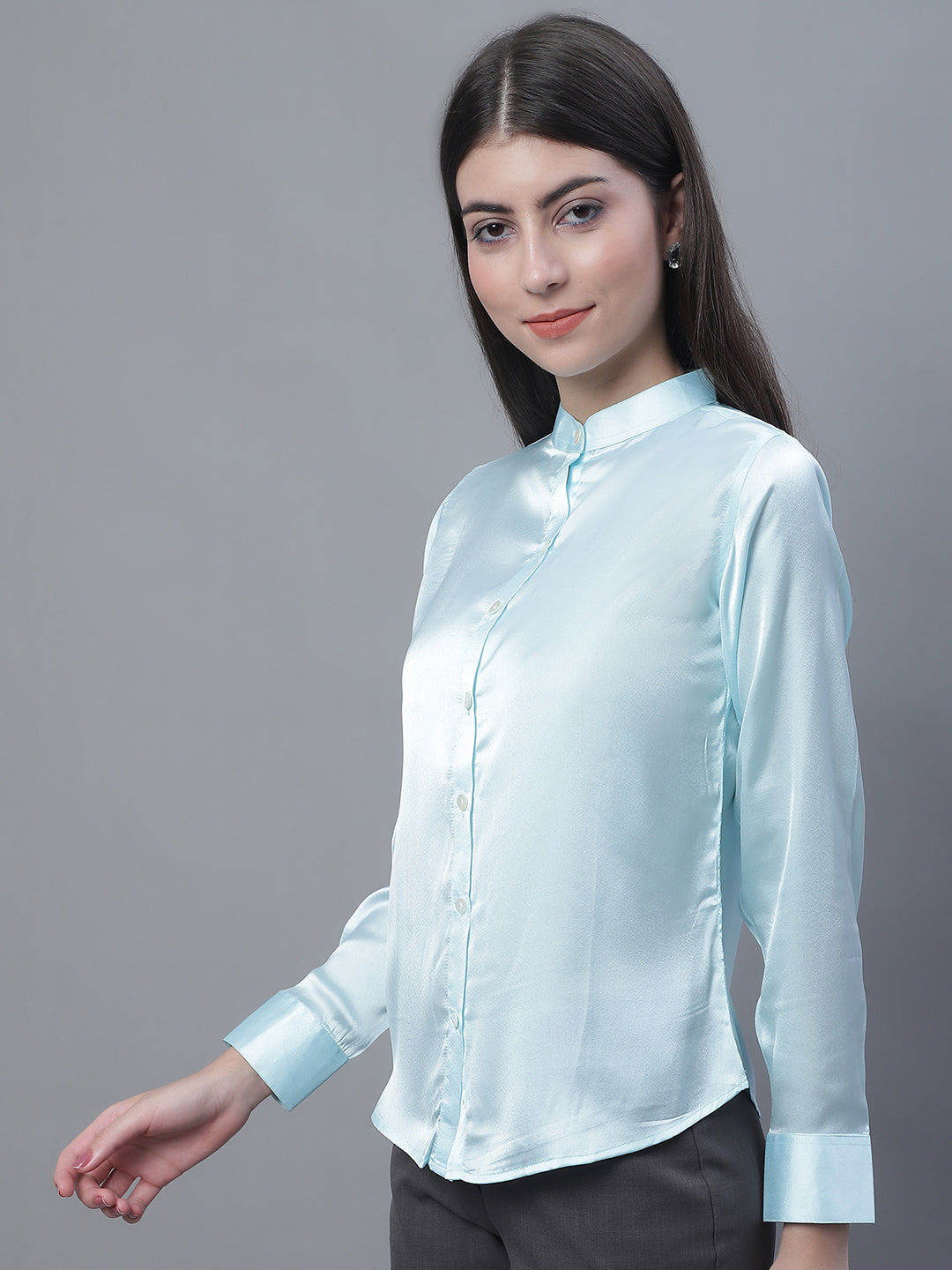 Jainish Women's Sky Blue Solid Shirt Style Top