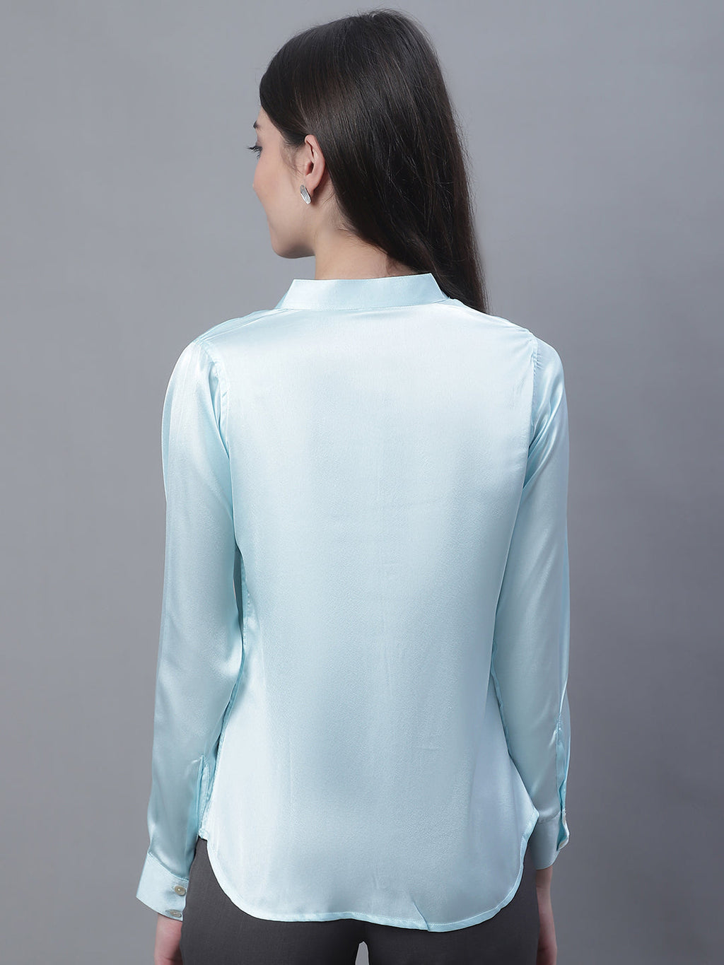 Jainish Women's Sky Blue Solid Shirt Style Top