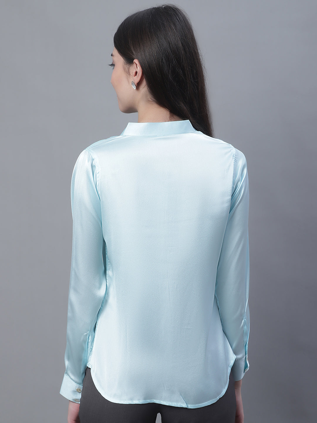 Jainish Women's Sky Blue Solid Shirt Style Top