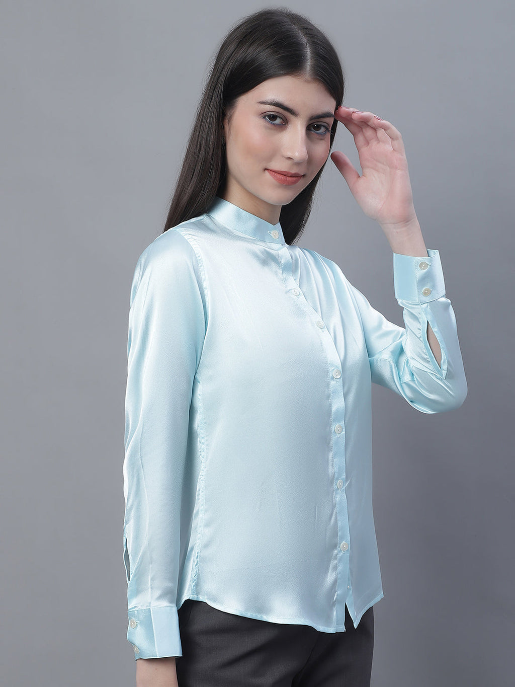 Jainish Women's Sky Blue Solid Shirt Style Top