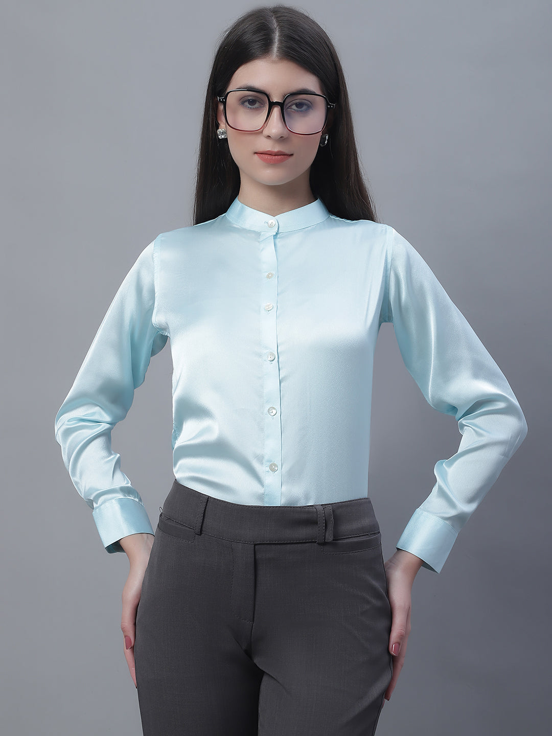 Jainish Women's Sky Blue Solid Shirt Style Top