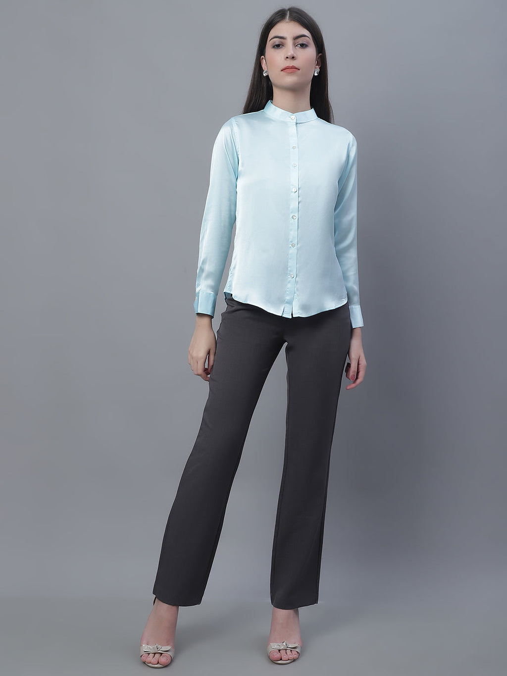 Jainish Women's Sky Blue Solid Shirt Style Top
