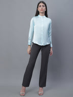 Jainish Women's Sky Blue Solid Shirt Style Top