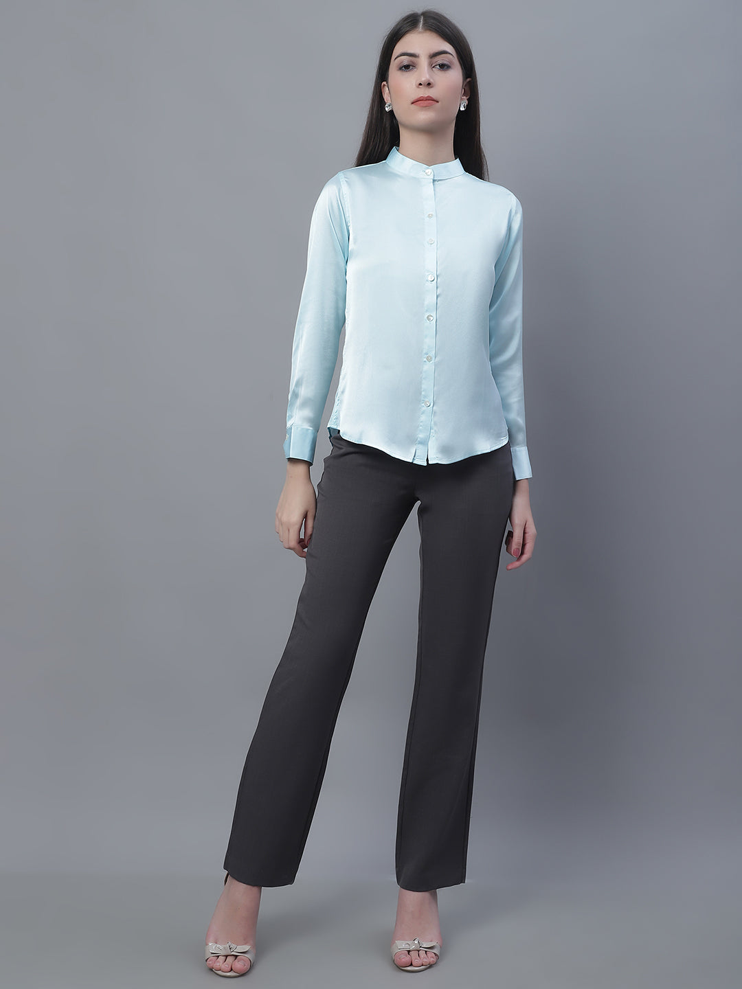 Jainish Women's Sky Blue Solid Shirt Style Top