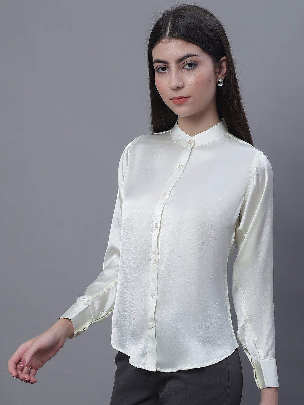 Jainish Women's White Solid Shirt Style Top