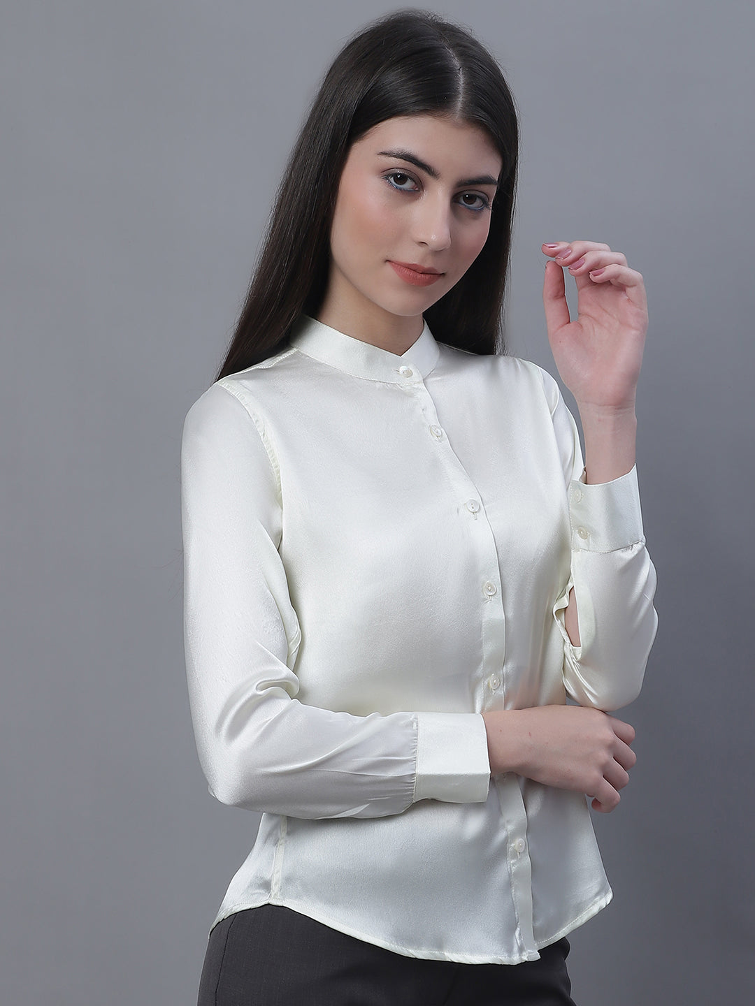 Jainish Women's White Solid Shirt Style Top