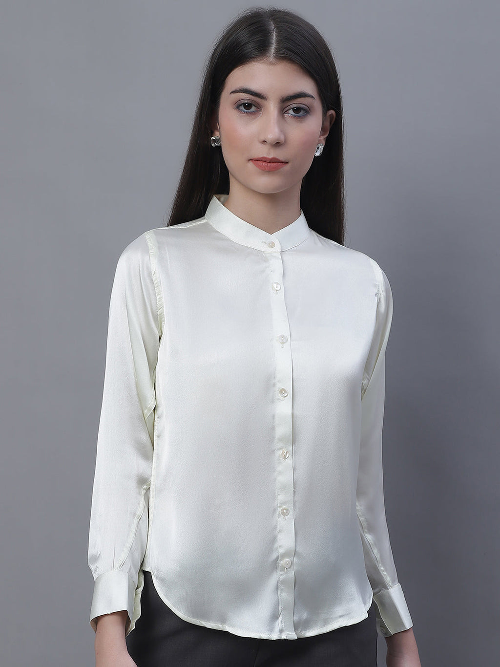 Jainish Women's White Solid Shirt Style Top