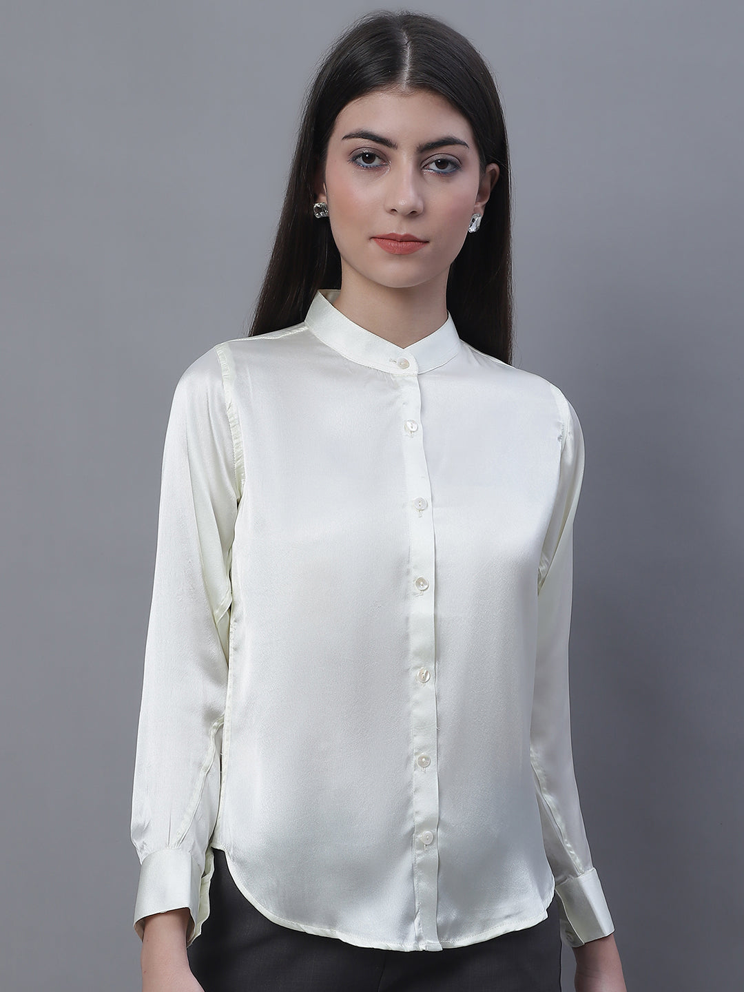Jainish Women's White Solid Shirt Style Top