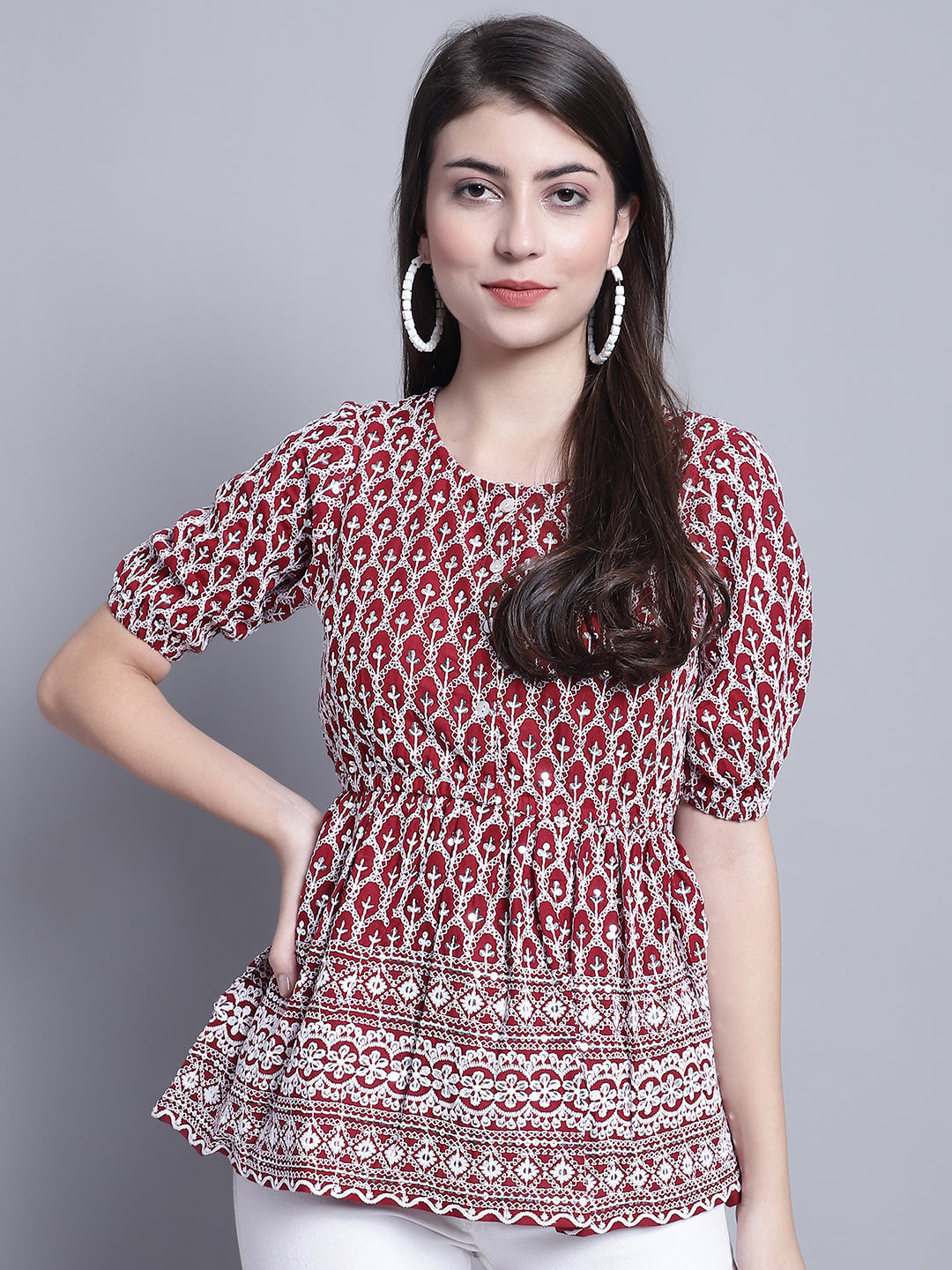 Jainish Women's WoChikankari & Sequins Work Empire Top - Maroon