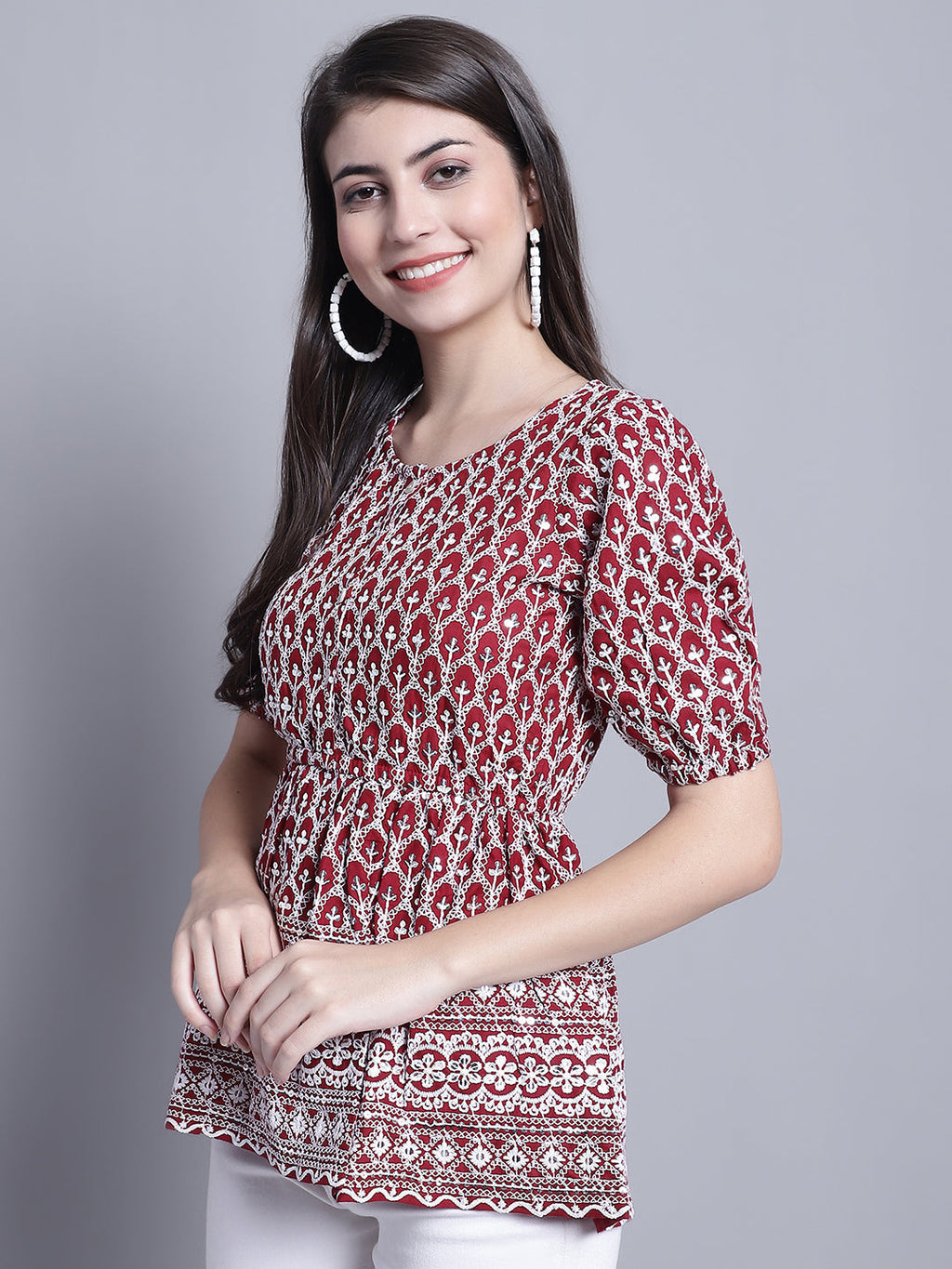 Jainish Women's WoChikankari & Sequins Work Empire Top - Maroon