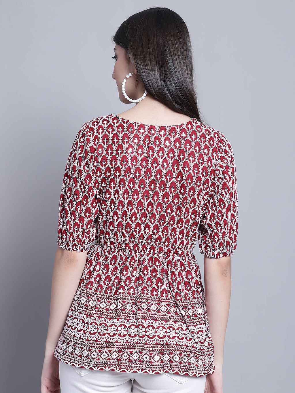 Jainish Women's WoChikankari & Sequins Work Empire Top - Maroon
