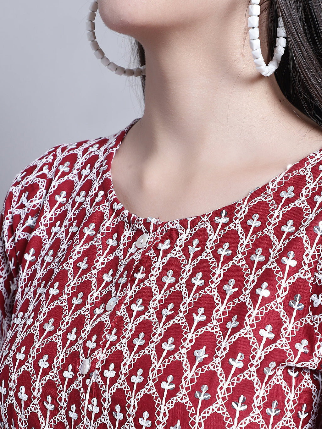 Jainish Women's WoChikankari & Sequins Work Empire Top - Maroon