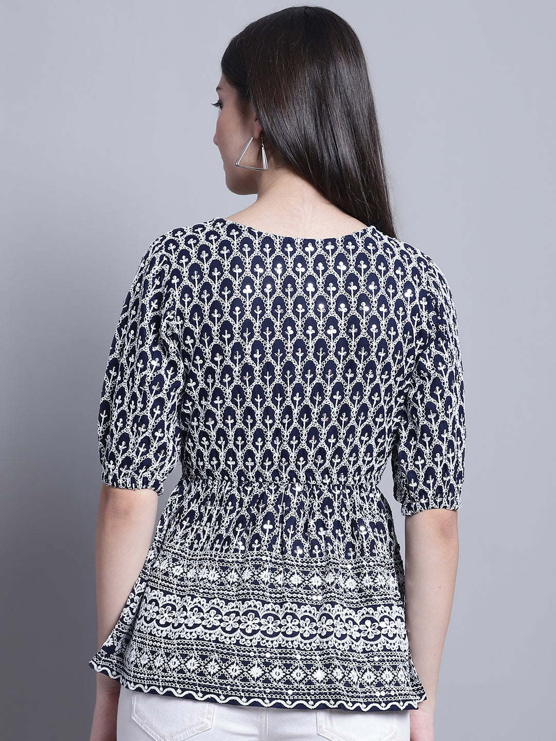 Jainish Women's WoChikankari & Sequins Work Empire Top - Navy Blue