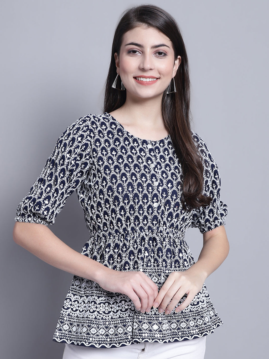 Jainish Women's WoChikankari & Sequins Work Empire Top - Navy Blue