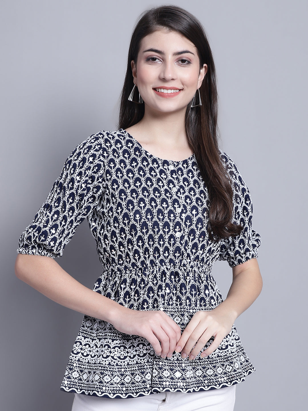 Jainish Women's WoChikankari & Sequins Work Empire Top - Navy Blue