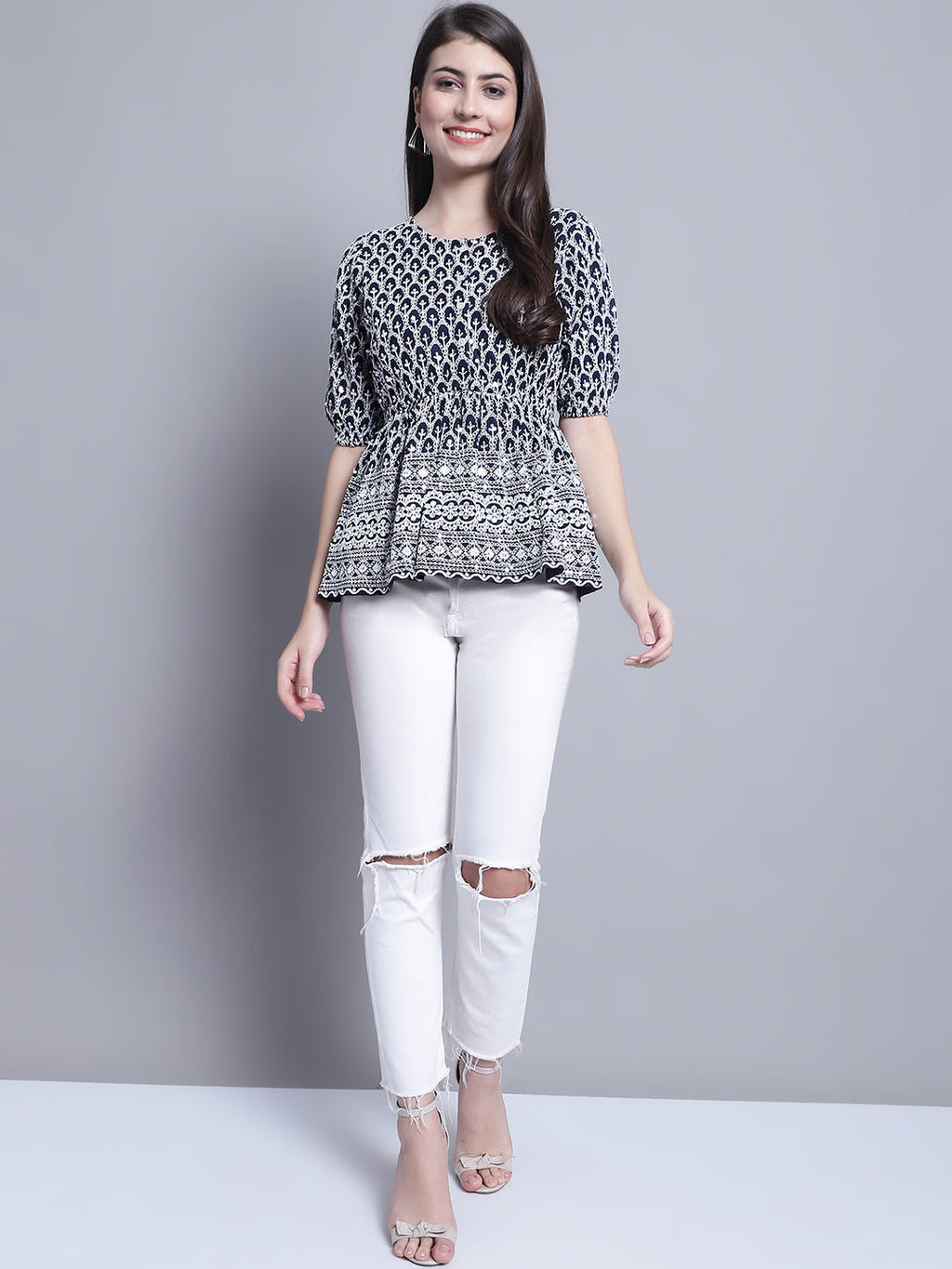 Jainish Women's WoChikankari & Sequins Work Empire Top - Navy Blue