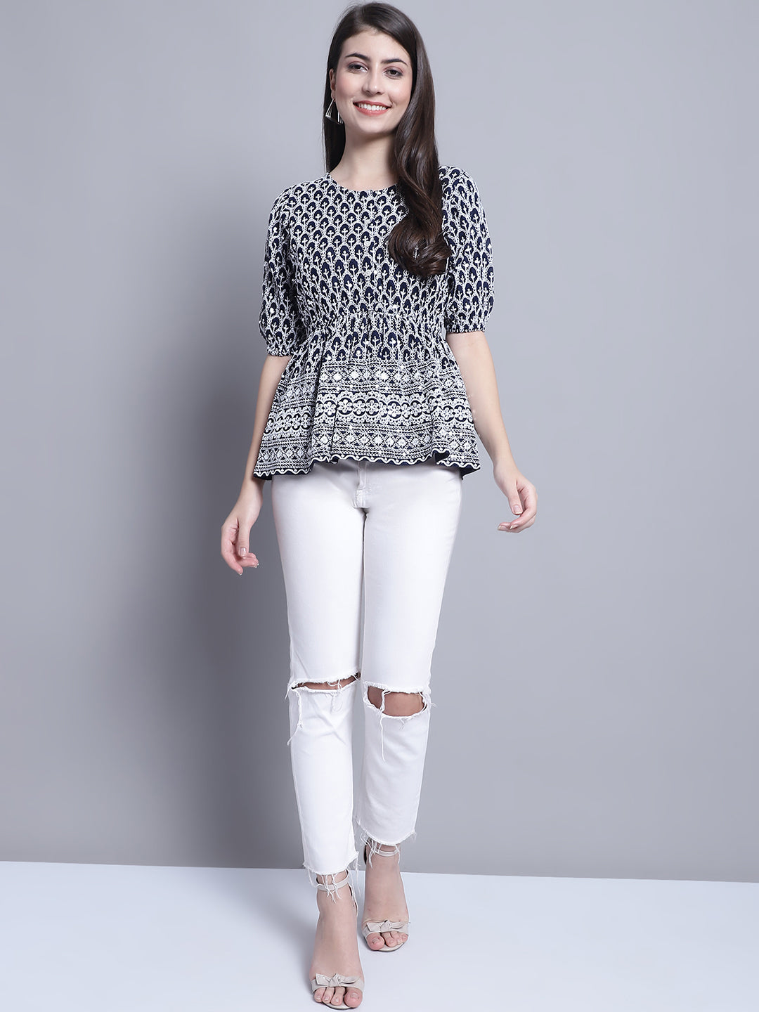 Jainish Women's WoChikankari & Sequins Work Empire Top - Navy Blue