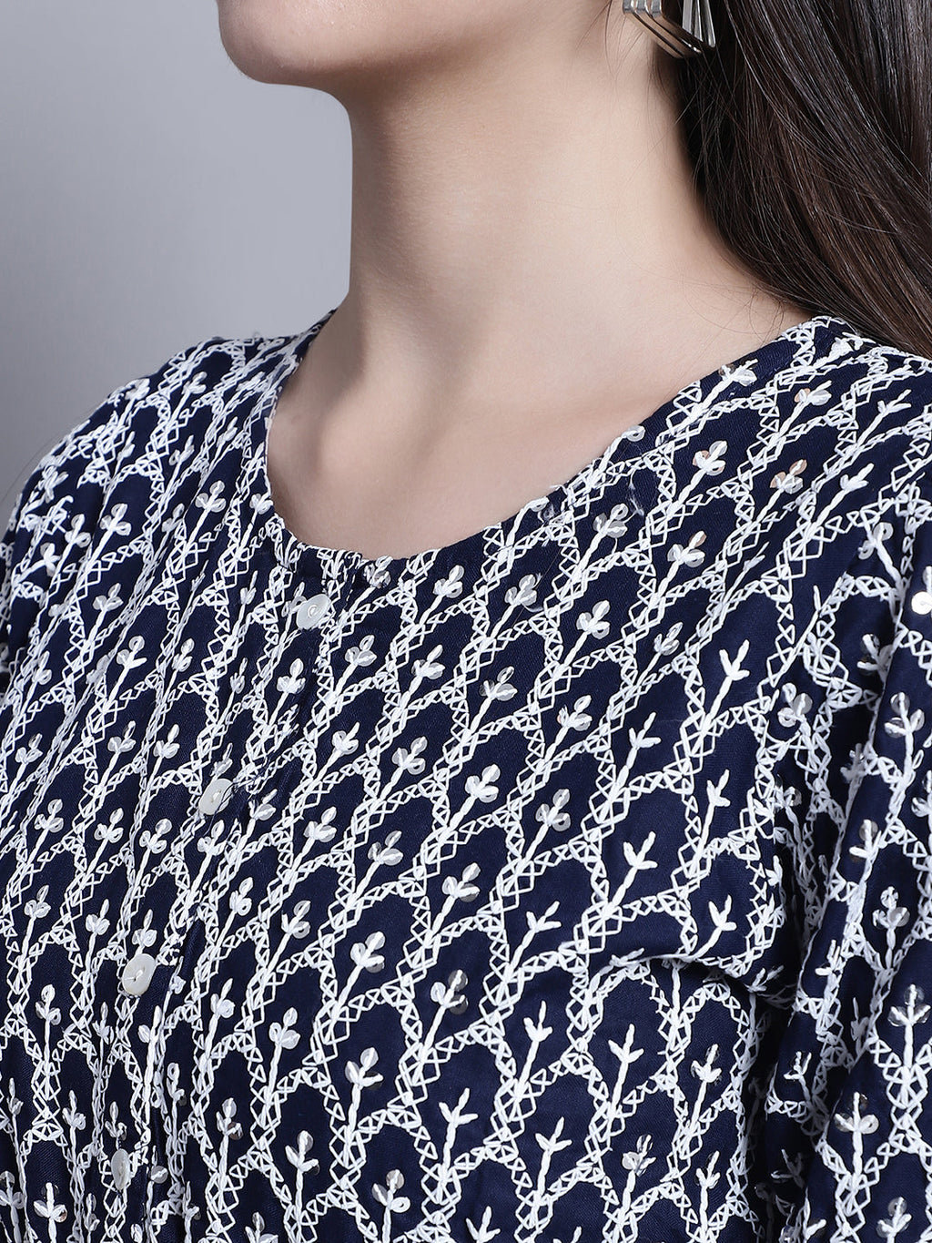 Jainish Women's WoChikankari & Sequins Work Empire Top - Navy Blue