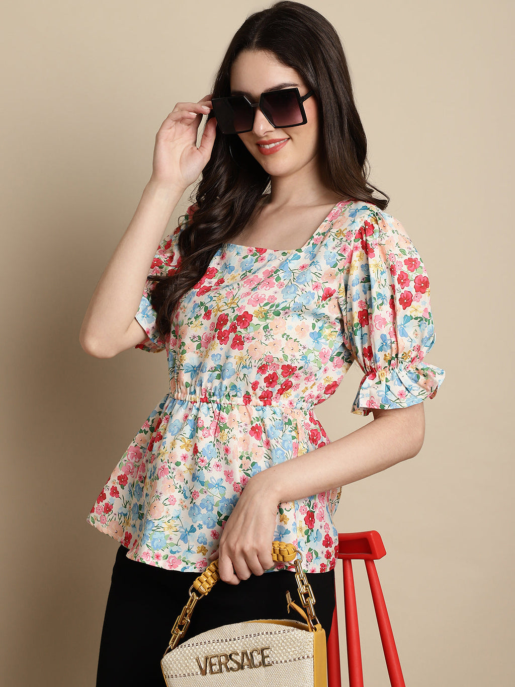 Jainish Women's Floral Print Puff Sleeves Top - Multi