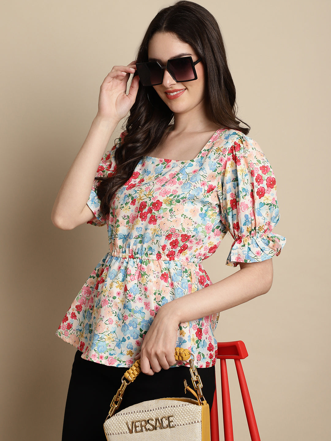Jainish Women's Floral Print Puff Sleeves Top - Multi