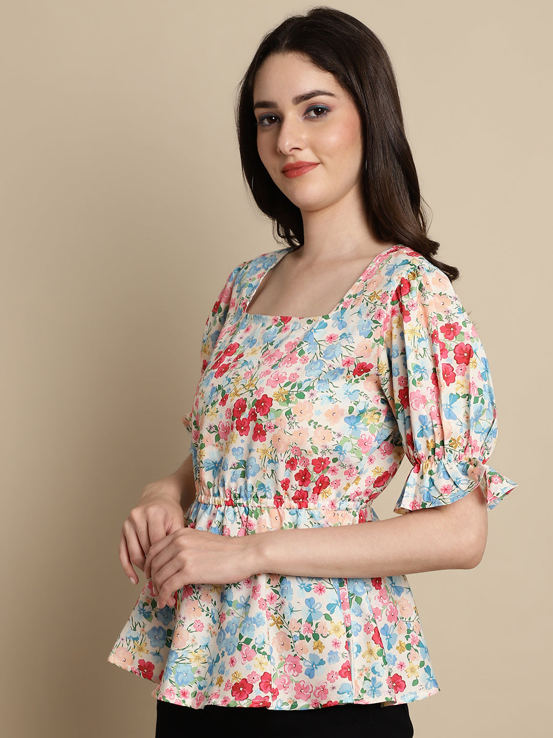 Jainish Women's Floral Print Puff Sleeves Top - Multi