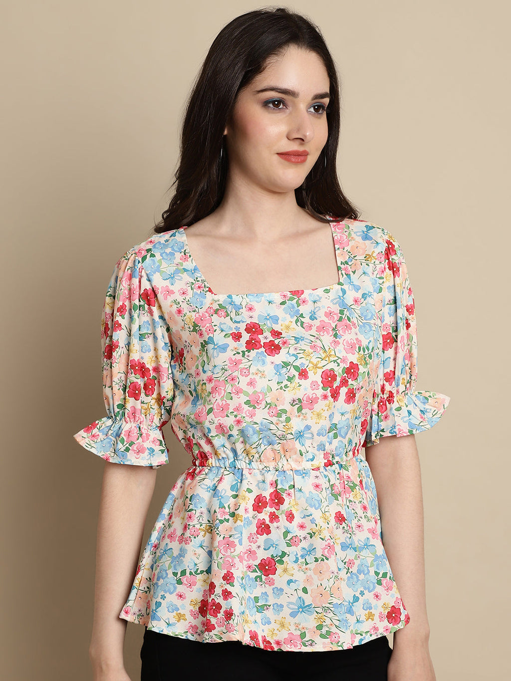 Jainish Women's Floral Print Puff Sleeves Top - Multi