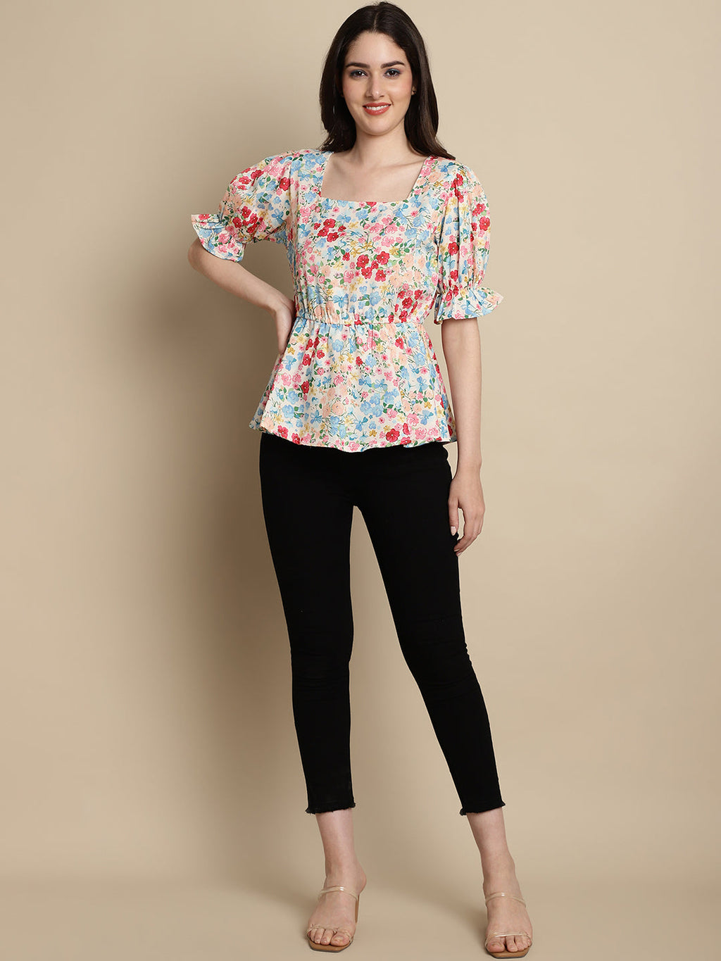 Jainish Women's Floral Print Puff Sleeves Top - Multi