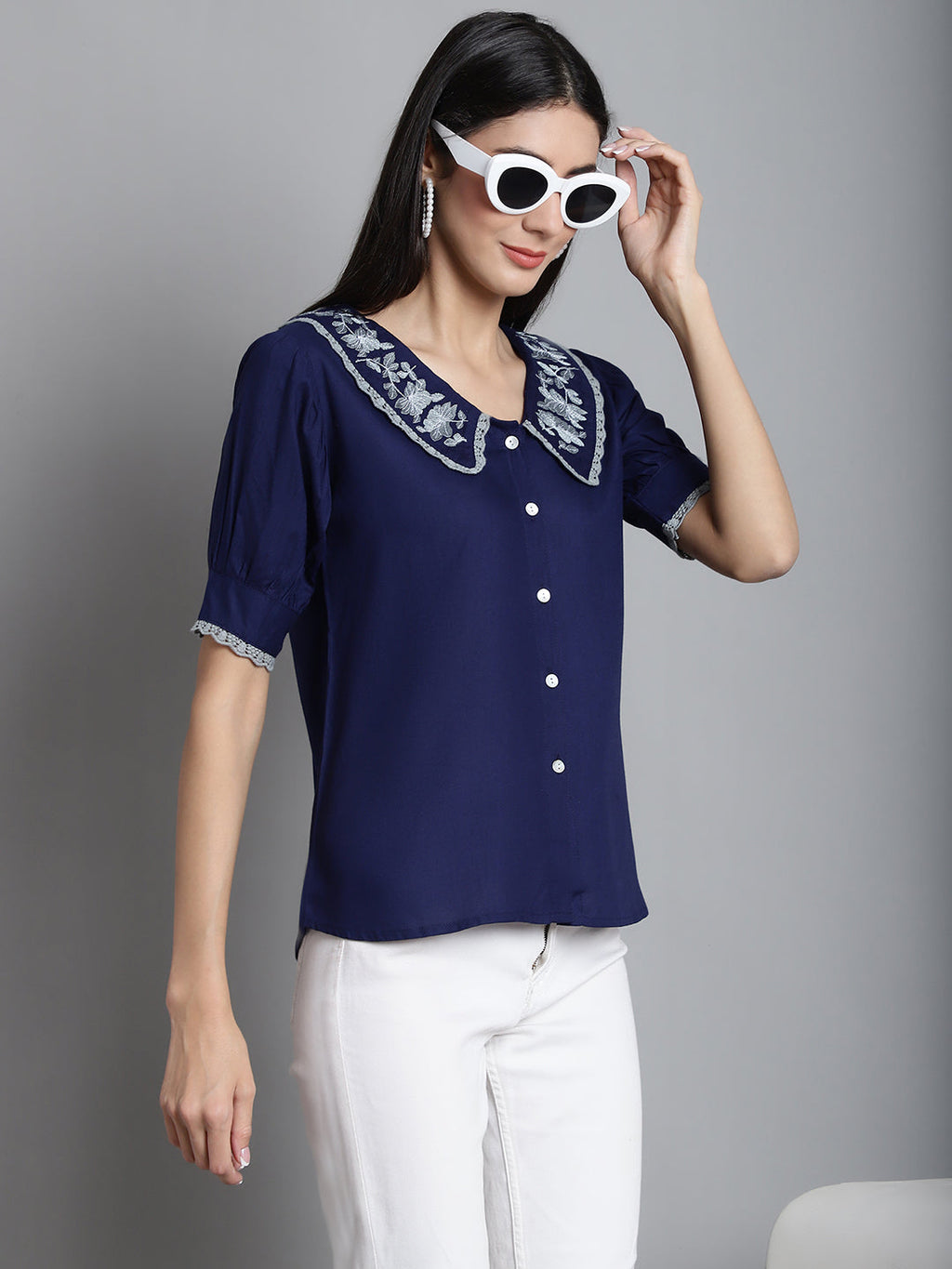 Jainish Women's Embroidered Peter Pan Collar Top - Navy Blue