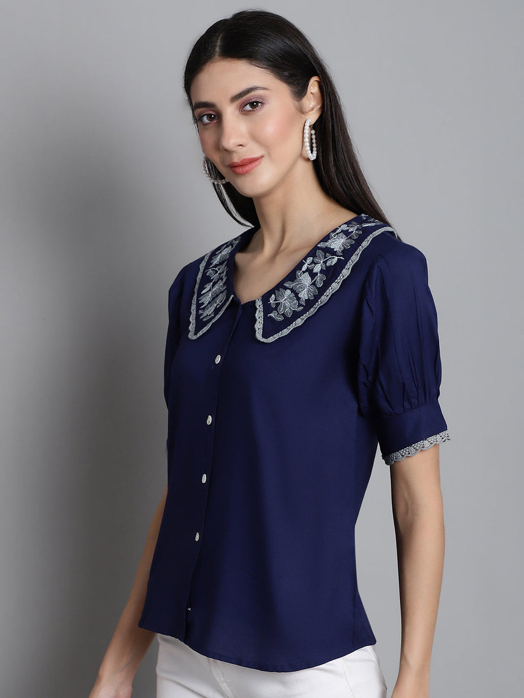 Jainish Women's Embroidered Peter Pan Collar Top - Navy Blue