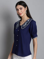 Jainish Women's Embroidered Peter Pan Collar Top - Navy Blue